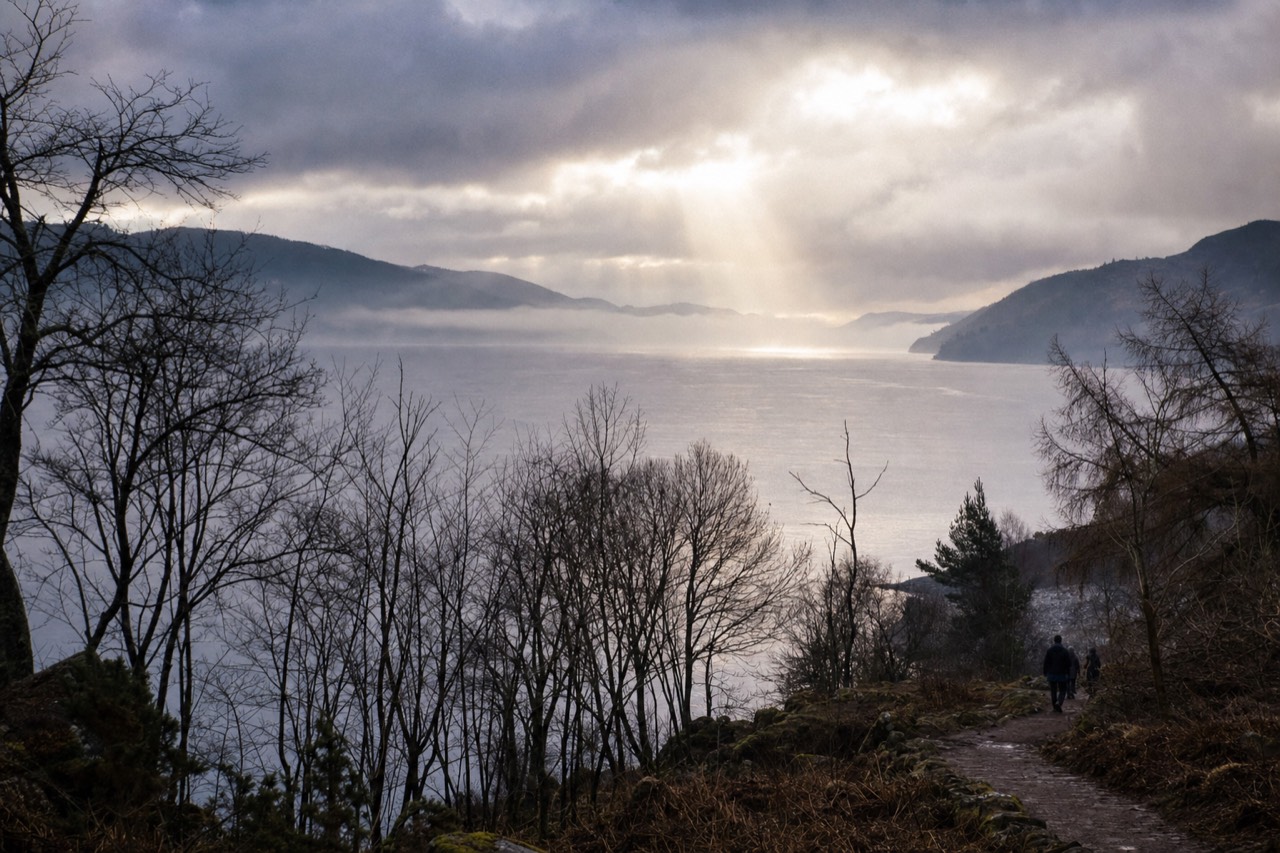 A calm winter morning on Loch Ness with bare trees on the shoreline and mist on the water.