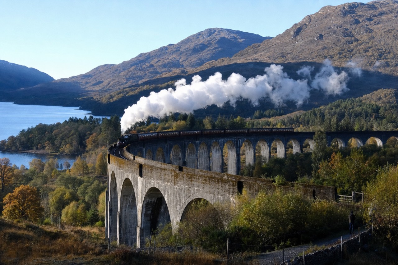 Steam drifting across a curved stone railway viaduct above a Highland loch and pine woods.