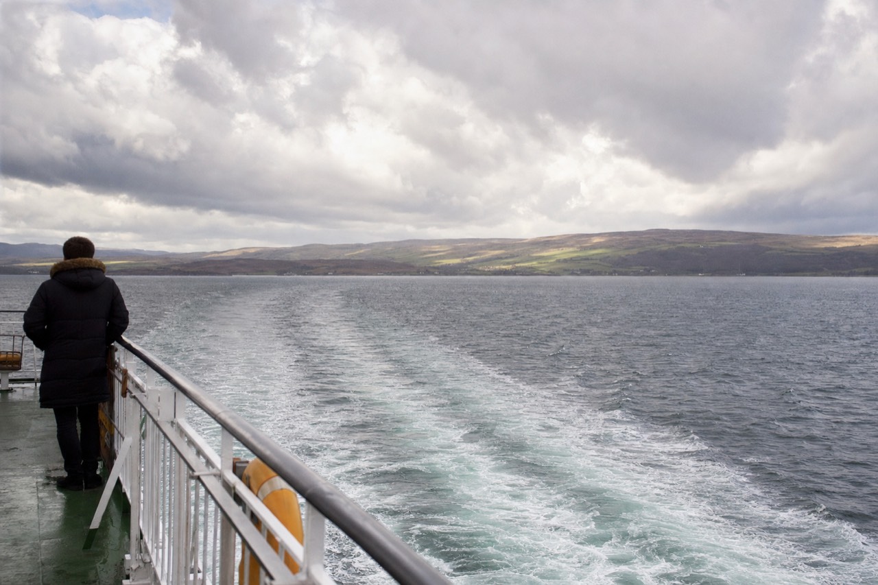 Ferry wake on the North Channel with the Galloway coast low on the horizon.