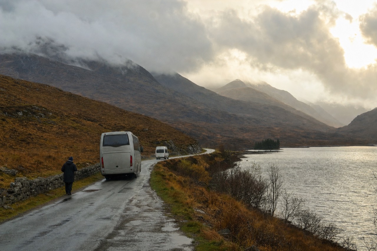 Rain and low cloud moving across a single-track Highland road running beside a grey loch in late autumn.