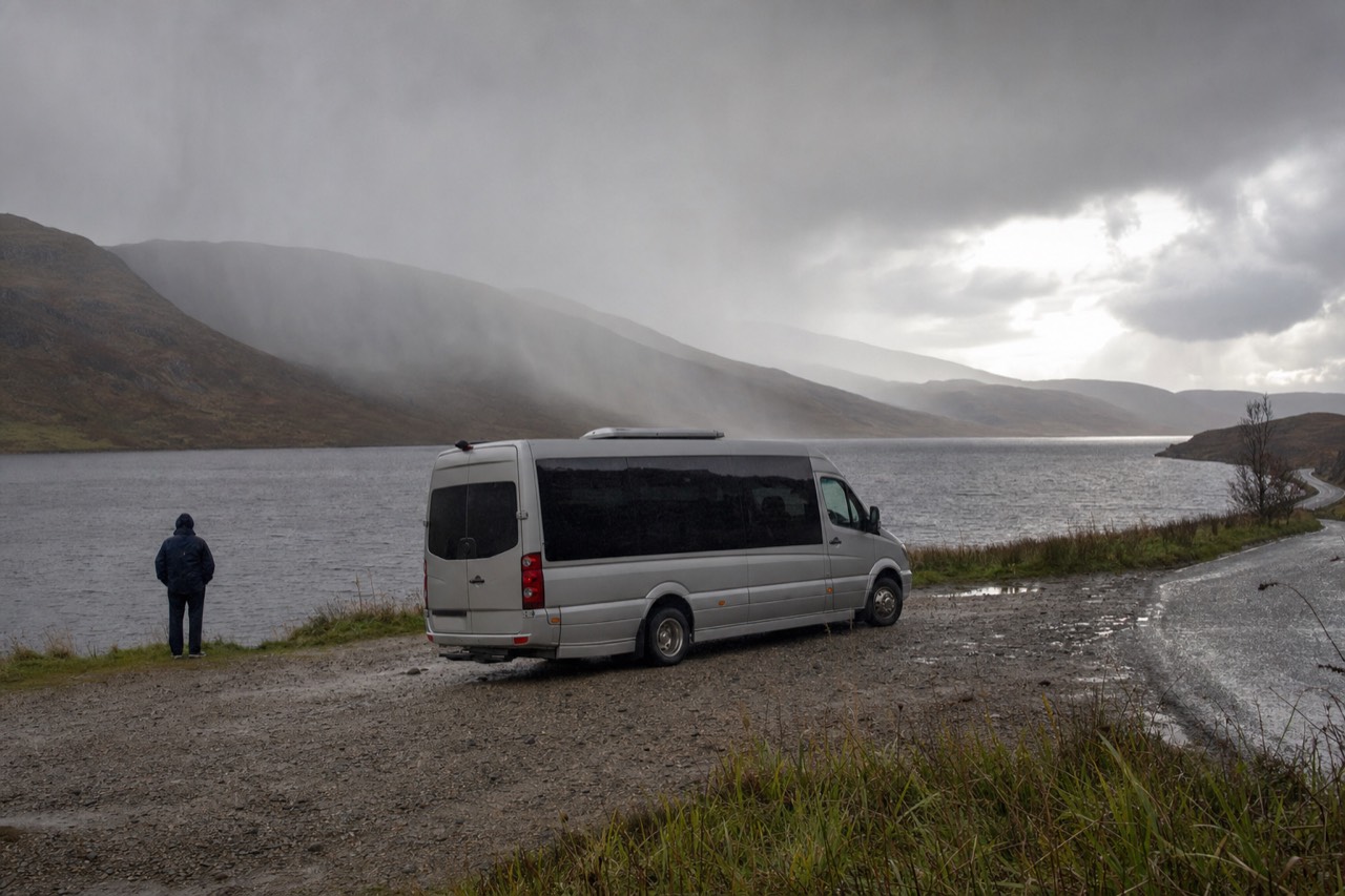 A tour minibus parked on a Highland roadside with a loch and low cloud behind it.
